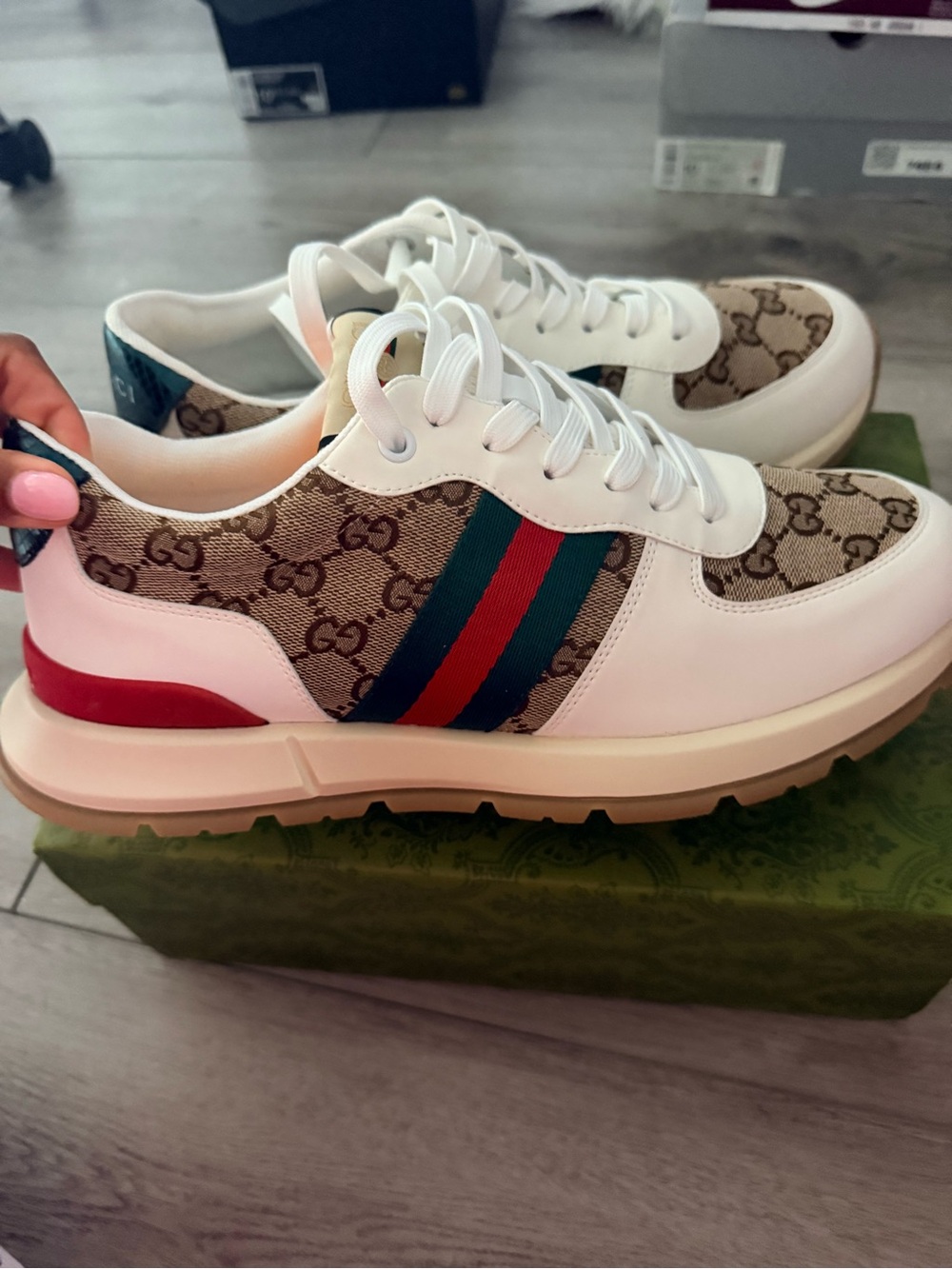 Gucci White Leather & GG Canvas Sneaker with Green-Red-Green Stripe